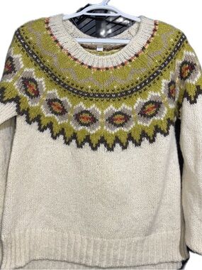 J. Jill Cream Fair Isle Yoke Sweater with Olive and Rust Accents